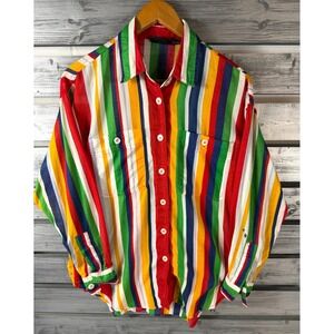 Vintage 90s Liz Sport Shirt Womens M Striped Colorblock Long Sleeve Button Up